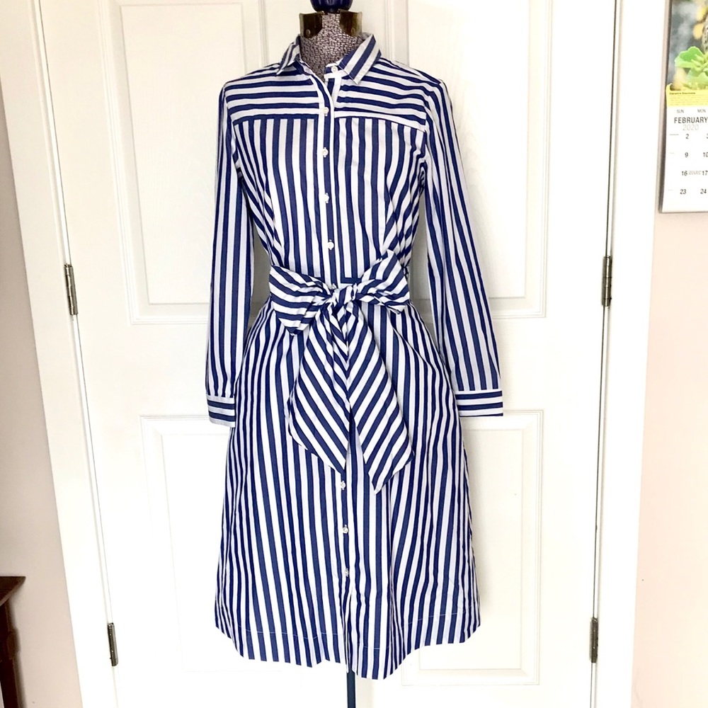 J. Crew blue striped l/s dress, pockets size 2